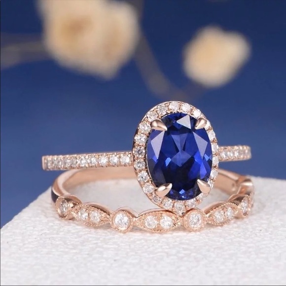 *NEW*2pc Set Rose Gold Bridal Sapphire Ring - Picture 3 of 6